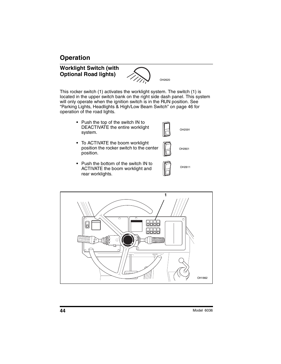 Operation, Worklight switch (with optional road lights) | SkyTrak 6036 Tier II Operation Manual User Manual | Page 50 / 188
