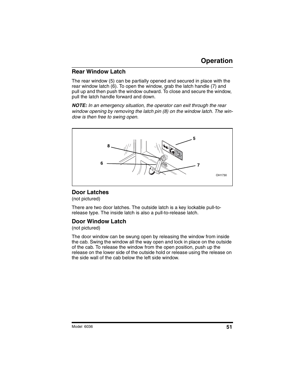 Operation, Rear window latch, Door latches | Door window latch | SkyTrak 6036 Tier II Operation Manual User Manual | Page 57 / 188