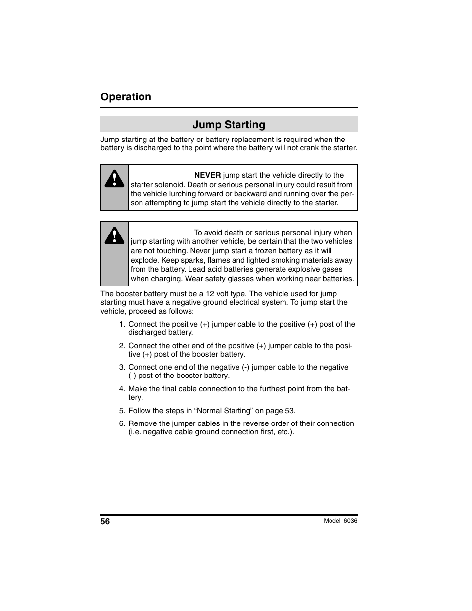 Warning, Operation, Jump starting | SkyTrak 6036 Tier II Operation Manual User Manual | Page 62 / 188