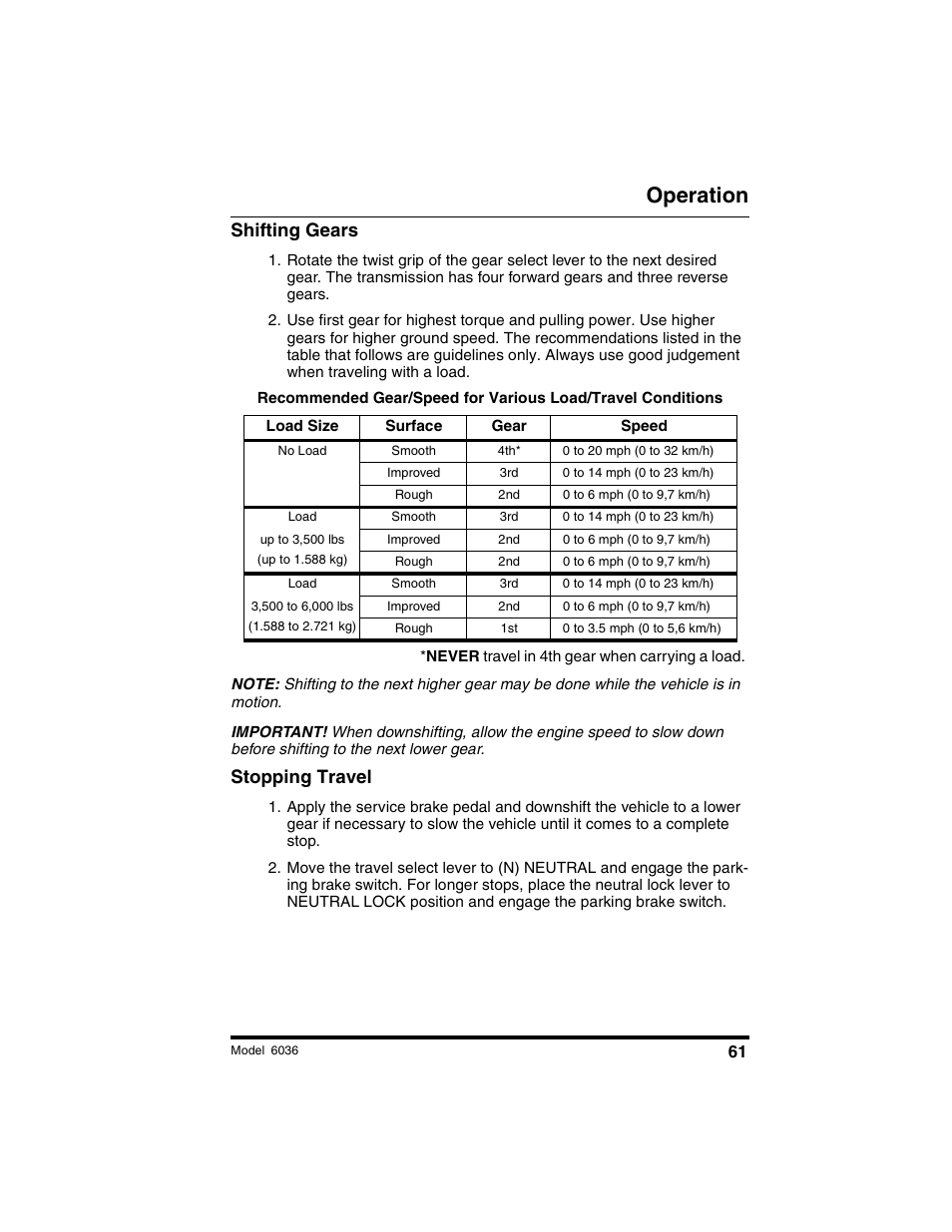 Operation, Shifting gears, Stopping travel | SkyTrak 6036 Tier II Operation Manual User Manual | Page 67 / 188