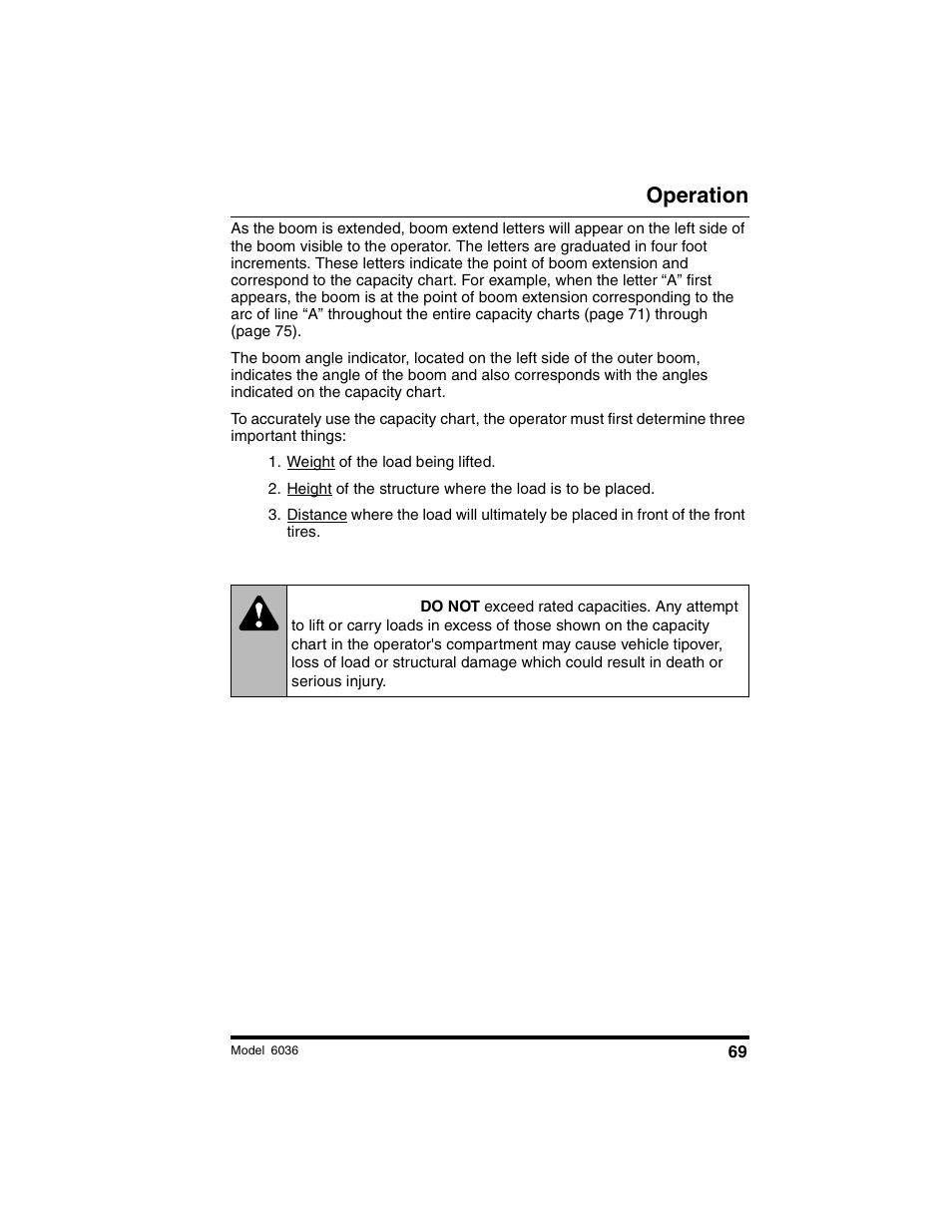 Warning, Operation | SkyTrak 6036 Tier II Operation Manual User Manual | Page 75 / 188