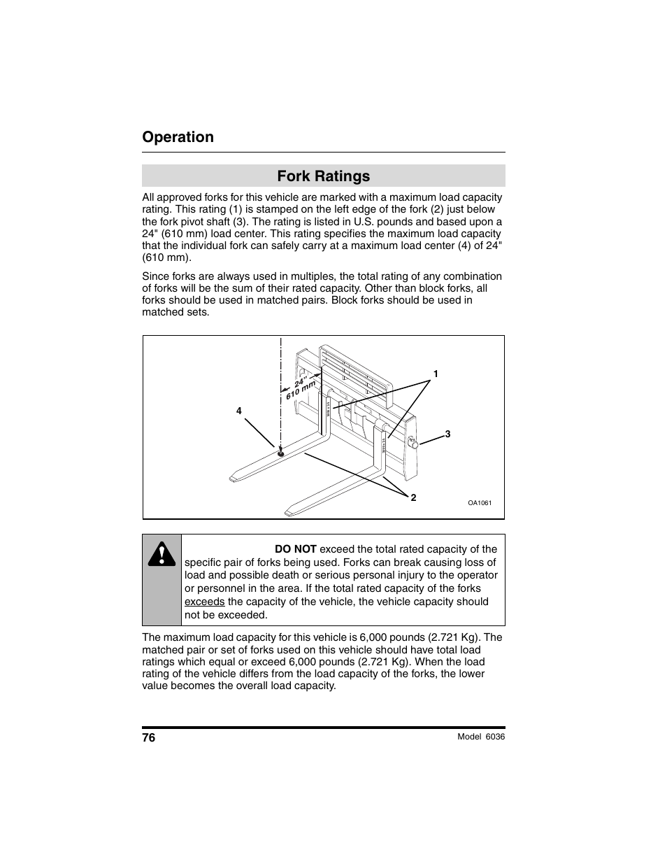 Warning, Operation, Fork ratings | SkyTrak 6036 Tier II Operation Manual User Manual | Page 82 / 188