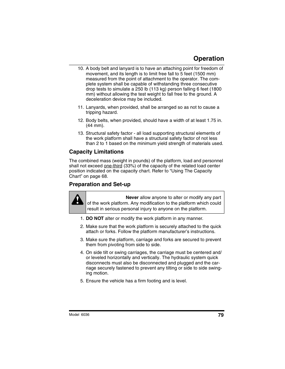 Warning, Operation | SkyTrak 6036 Tier II Operation Manual User Manual | Page 85 / 188