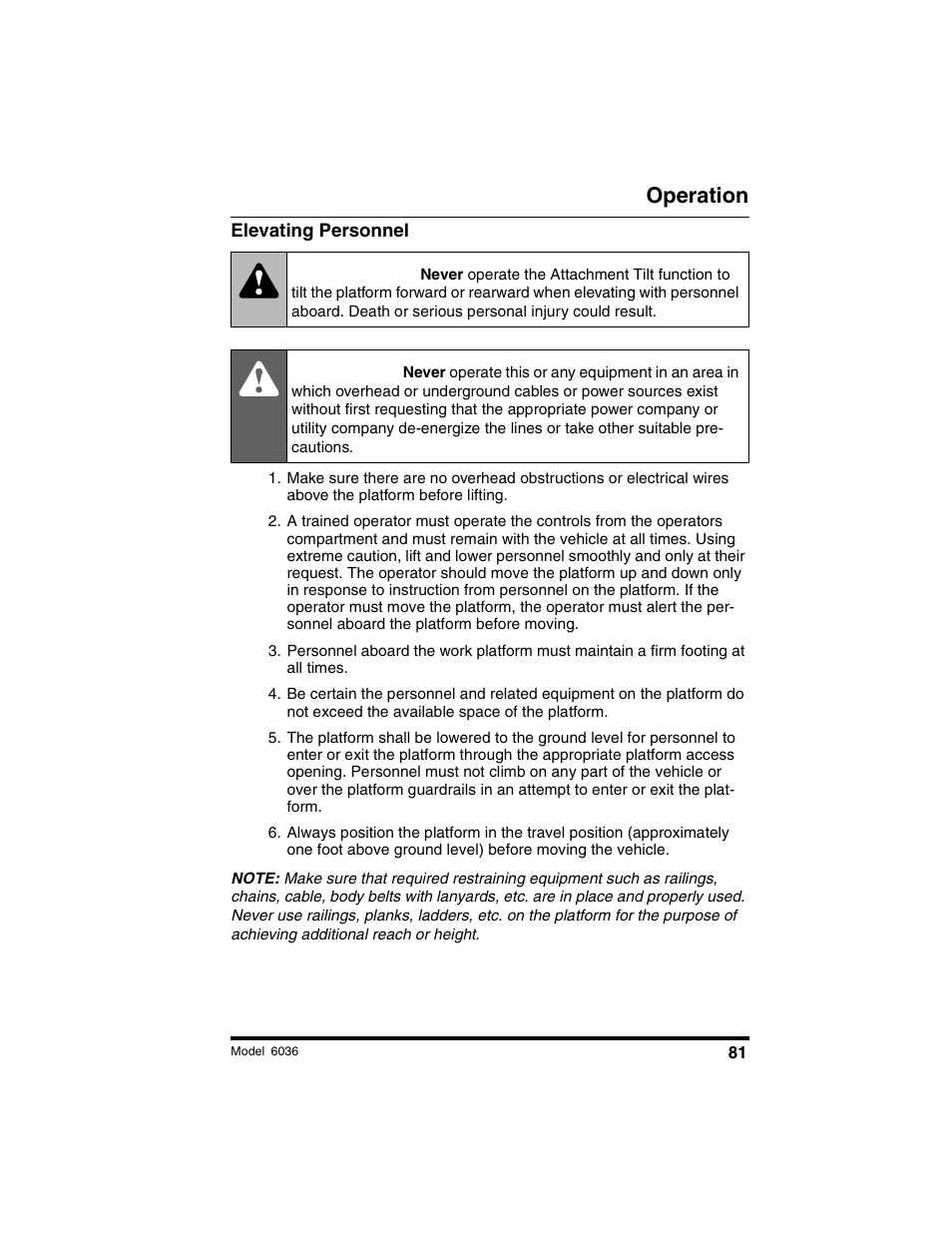 Warning, Danger, Operation | SkyTrak 6036 Tier II Operation Manual User Manual | Page 87 / 188