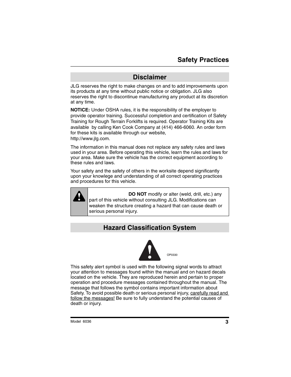 Safety practices, Warning, Disclaimer | Hazard classification system | SkyTrak 6036 Tier II Operation Manual User Manual | Page 9 / 188