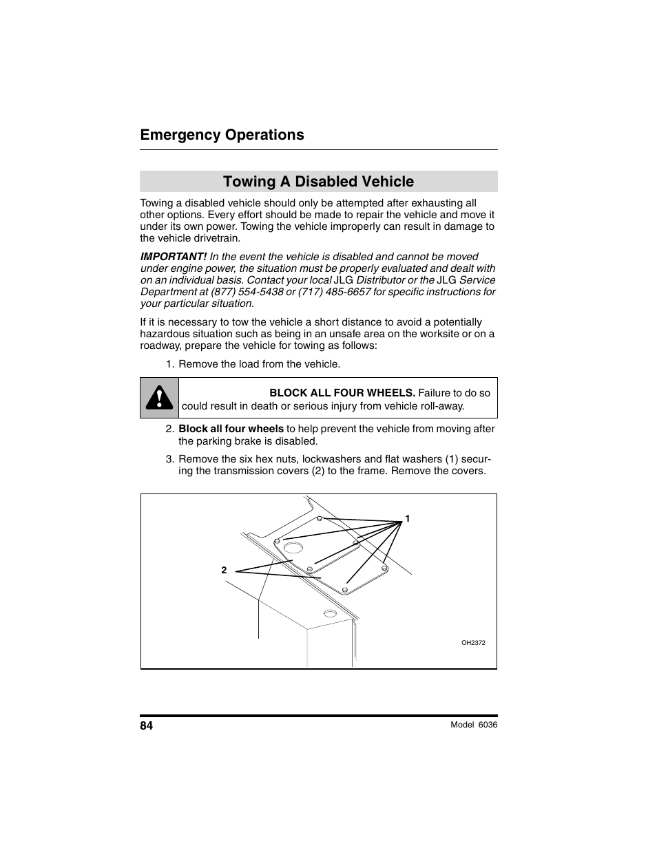 Emergency operations, Warning, Towing a disabled vehicle | SkyTrak 6036 Tier II Operation Manual User Manual | Page 90 / 188