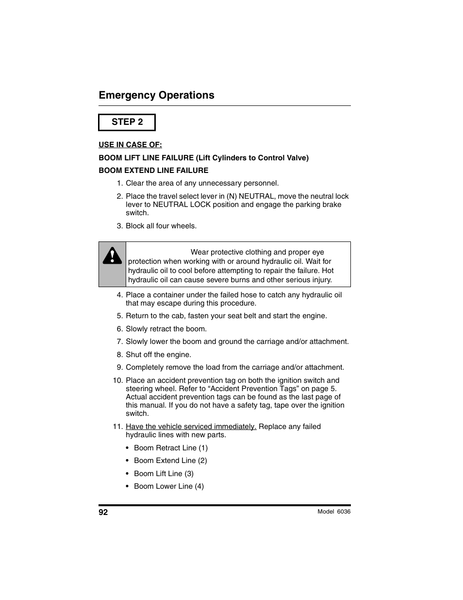 Warning, Emergency operations | SkyTrak 6036 Tier II Operation Manual User Manual | Page 98 / 188