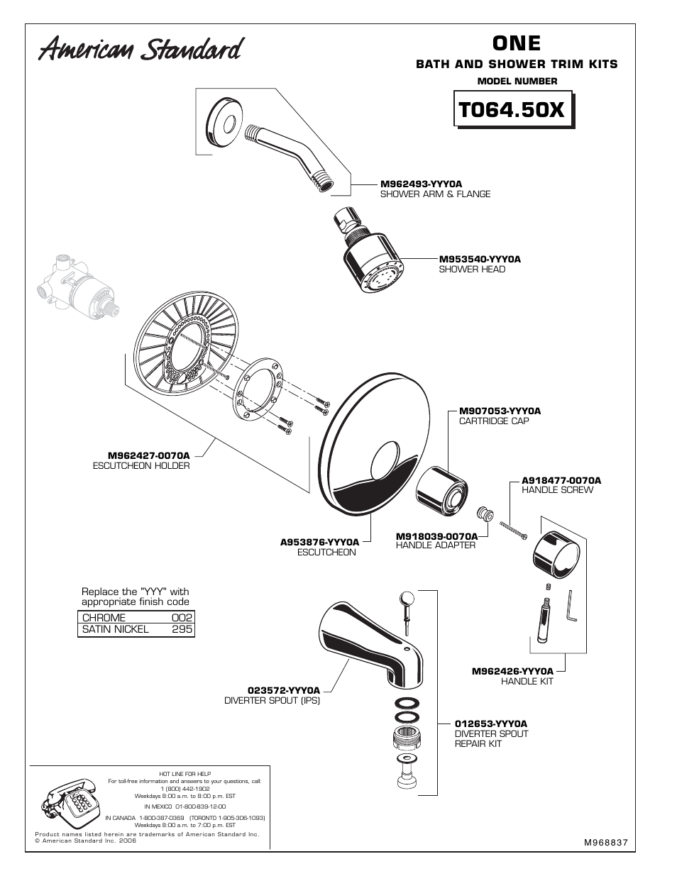 American Standard One Bath and Shower Trim Kit T064.50X User Manual | 1 page