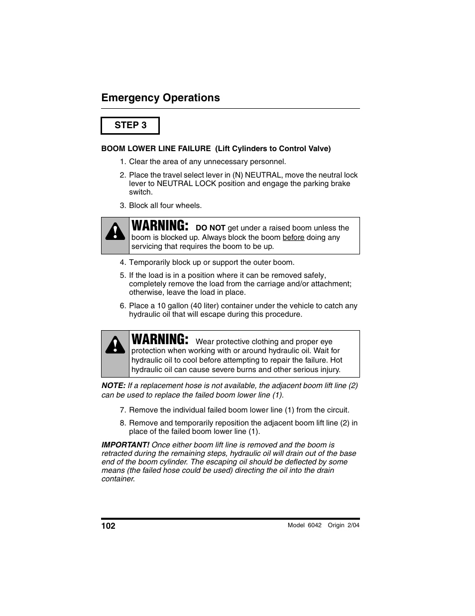 Step 3, Clear the area of any unnecessary personnel, Block all four wheels | Temporarily block up or support the outer boom, Warning, Emergency operations | SkyTrak 6042 Operation Manual User Manual | Page 104 / 196