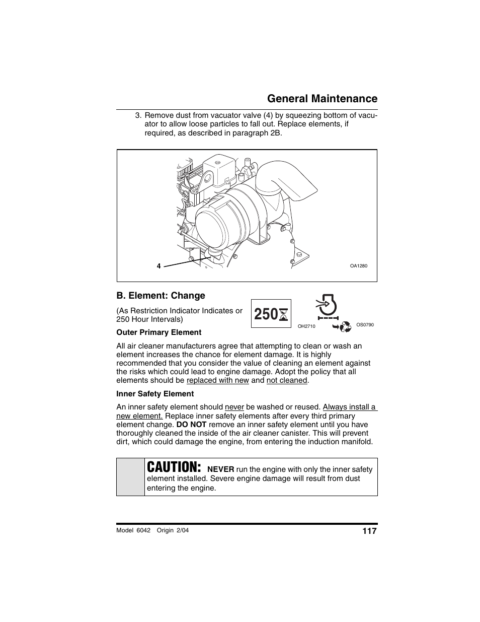 B. element: change, Caution, General maintenance | SkyTrak 6042 Operation Manual User Manual | Page 119 / 196