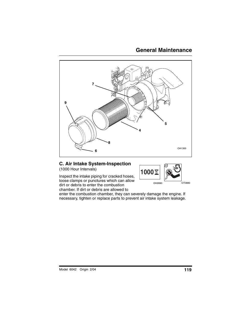 C. air intake system-inspection, 1000 hour intervals), General maintenance | SkyTrak 6042 Operation Manual User Manual | Page 121 / 196