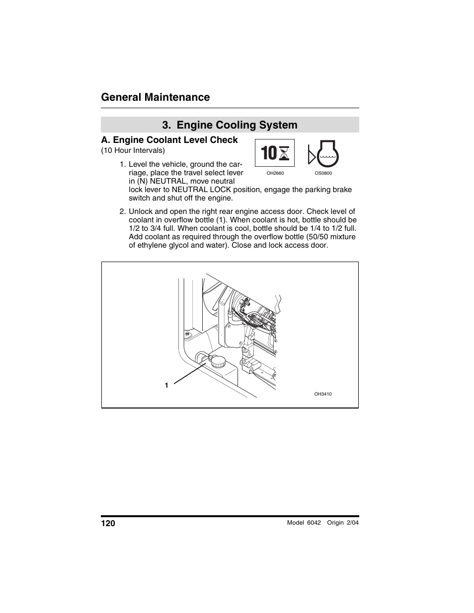  engine cooling system, A. engine coolant level check, 10 hour intervals) | Engine cooling system, General maintenance | SkyTrak 6042 Operation Manual User Manual | Page 122 / 196