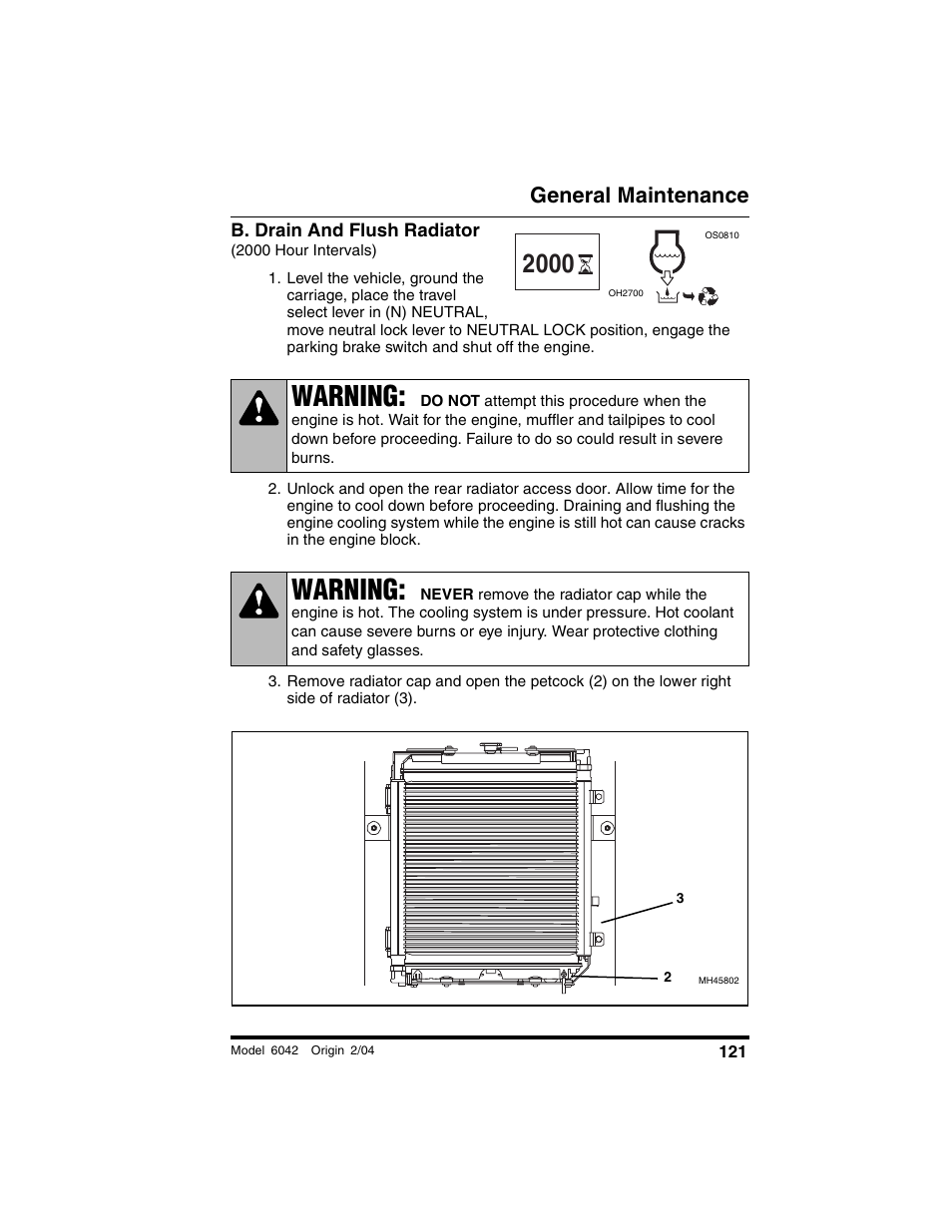 B. drain and flush radiator, 2000 hour intervals), Warning | General maintenance | SkyTrak 6042 Operation Manual User Manual | Page 123 / 196