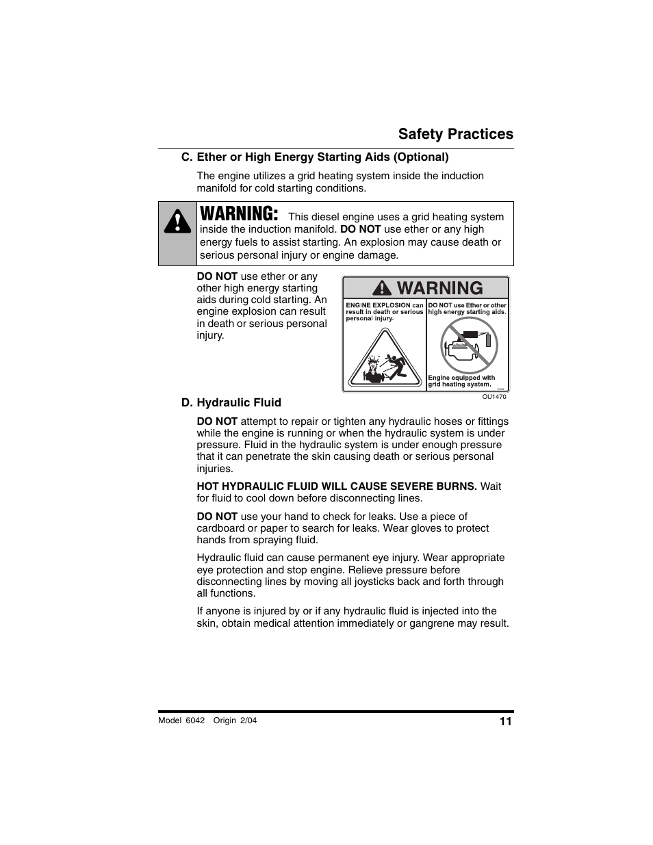 C. ether or high energy starting aids (optional), D. hydraulic fluid, Warning | Safety practices | SkyTrak 6042 Operation Manual User Manual | Page 13 / 196