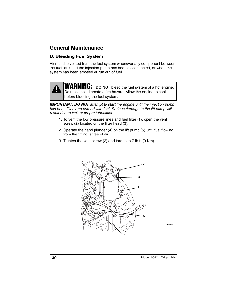 D. bleeding fuel system, Warning, General maintenance | SkyTrak 6042 Operation Manual User Manual | Page 132 / 196