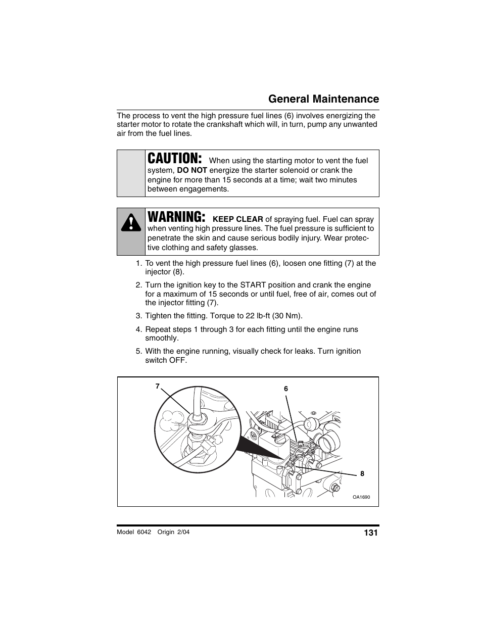 Tighten the fitting. torque to 22 lb-ft (30 nm), Caution, Warning | General maintenance | SkyTrak 6042 Operation Manual User Manual | Page 133 / 196