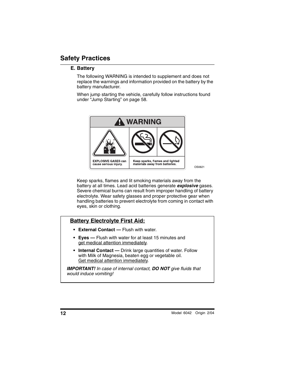 E. battery, Battery electrolyte first aid, Safety practices | SkyTrak 6042 Operation Manual User Manual | Page 14 / 196