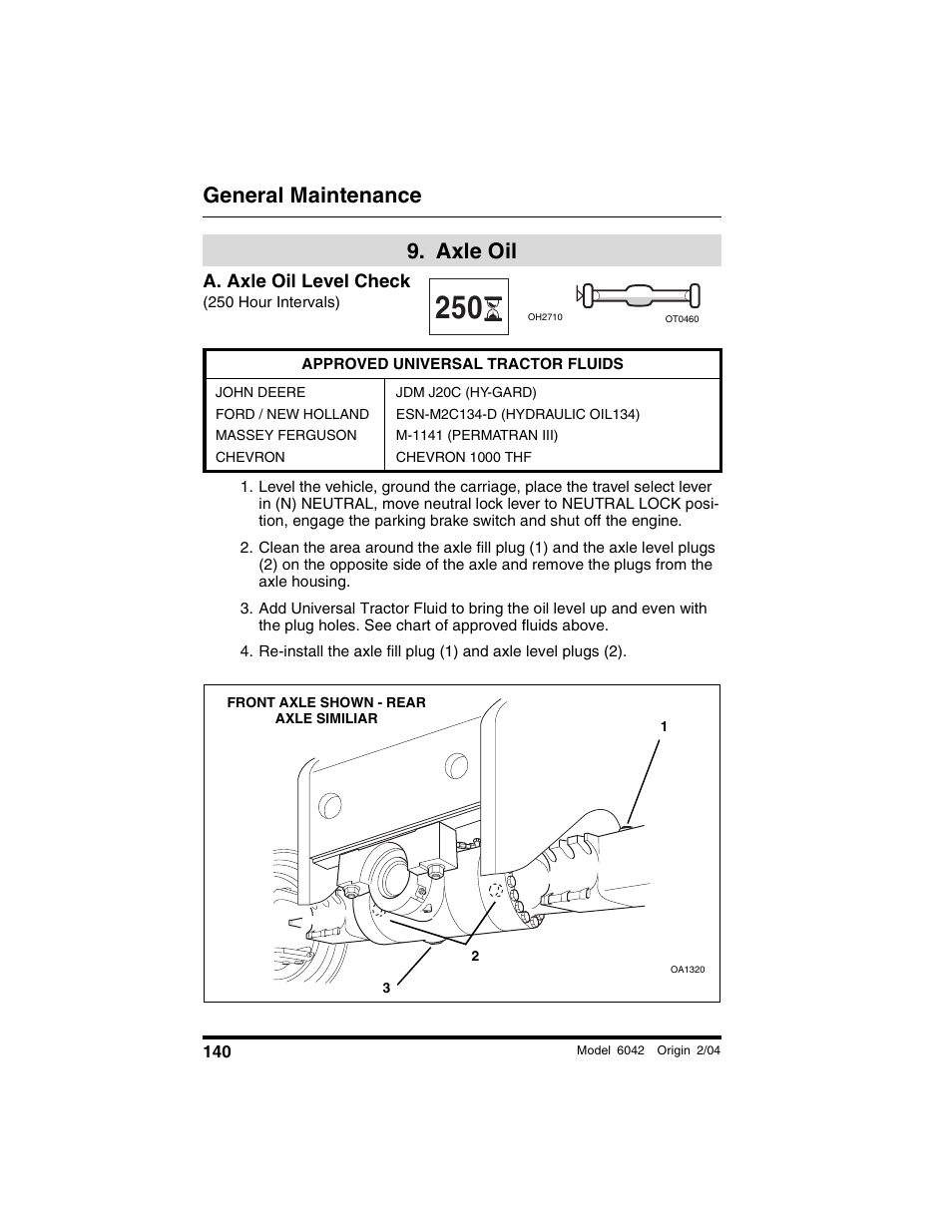  axle oil, A. axle oil level check, 250 hour intervals) | Approved universal tractor fluids, John deere, Ford / new holland, Massey ferguson, Chevron, Jdm j20c (hy-gard), Esn-m2c134-d (hydraulic oil134) | SkyTrak 6042 Operation Manual User Manual | Page 142 / 196