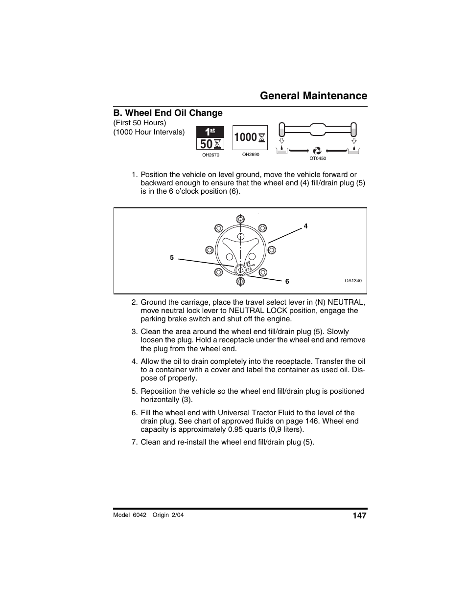 B. wheel end oil change, First 50 hours) (1000 hour intervals), General maintenance | SkyTrak 6042 Operation Manual User Manual | Page 149 / 196