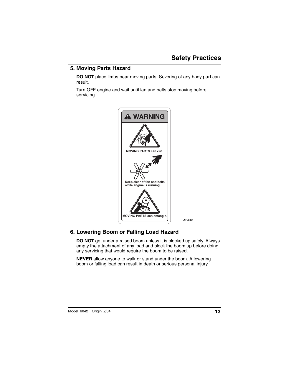 Moving parts hazard, Lowering boom or falling load hazard, Safety practices | SkyTrak 6042 Operation Manual User Manual | Page 15 / 196