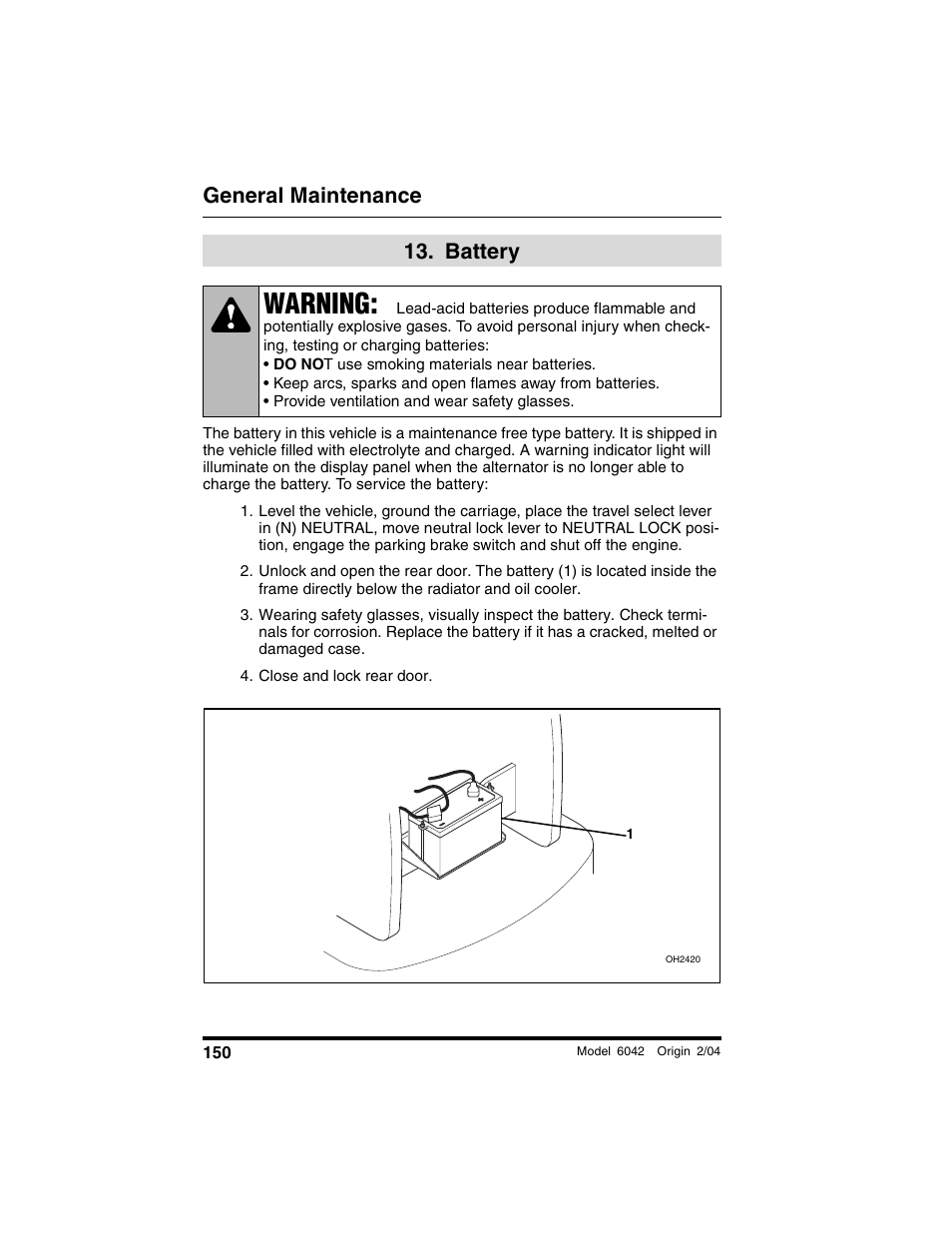  battery, Close and lock rear door, Battery | Warning, General maintenance | SkyTrak 6042 Operation Manual User Manual | Page 152 / 196