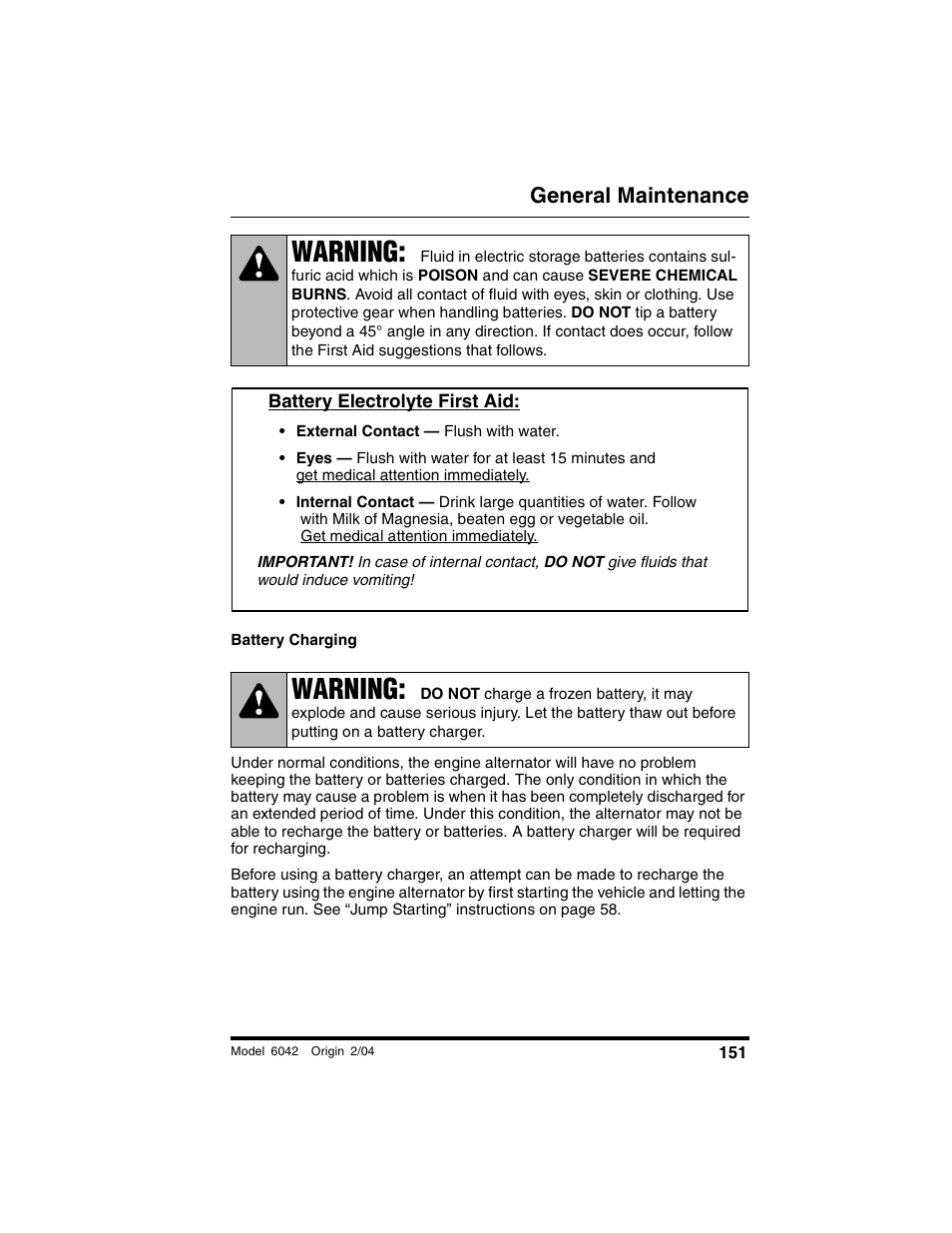 Battery electrolyte first aid, Warning, General maintenance | SkyTrak 6042 Operation Manual User Manual | Page 153 / 196