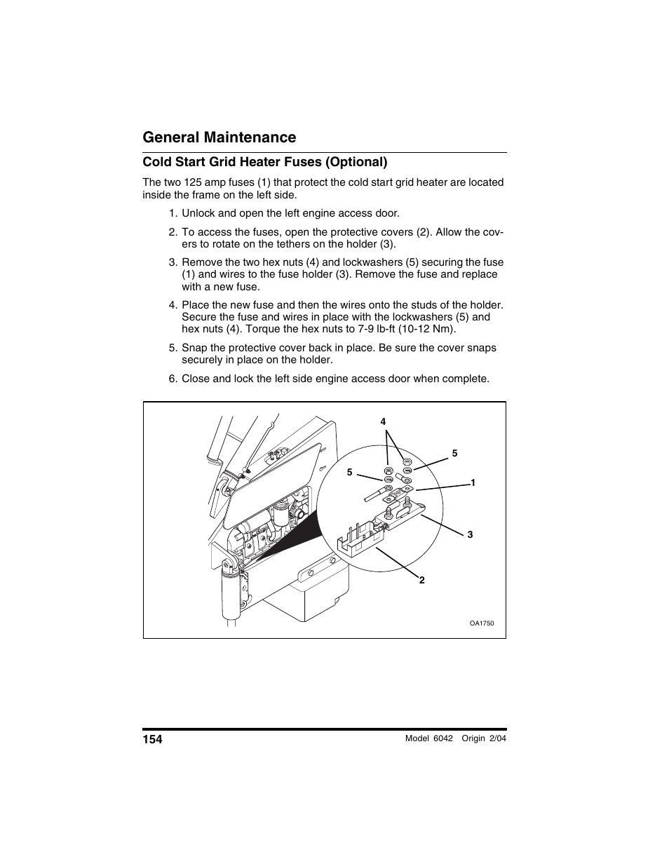 Cold start grid heater fuses (optional), Unlock and open the left engine access door, General maintenance | SkyTrak 6042 Operation Manual User Manual | Page 156 / 196