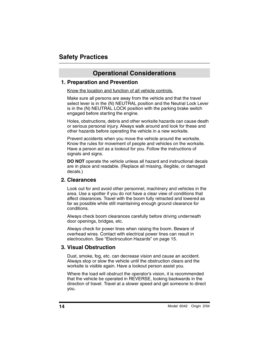 Operational considerations, Preparation and prevention, Clearances | Visual obstruction, Safety practices | SkyTrak 6042 Operation Manual User Manual | Page 16 / 196