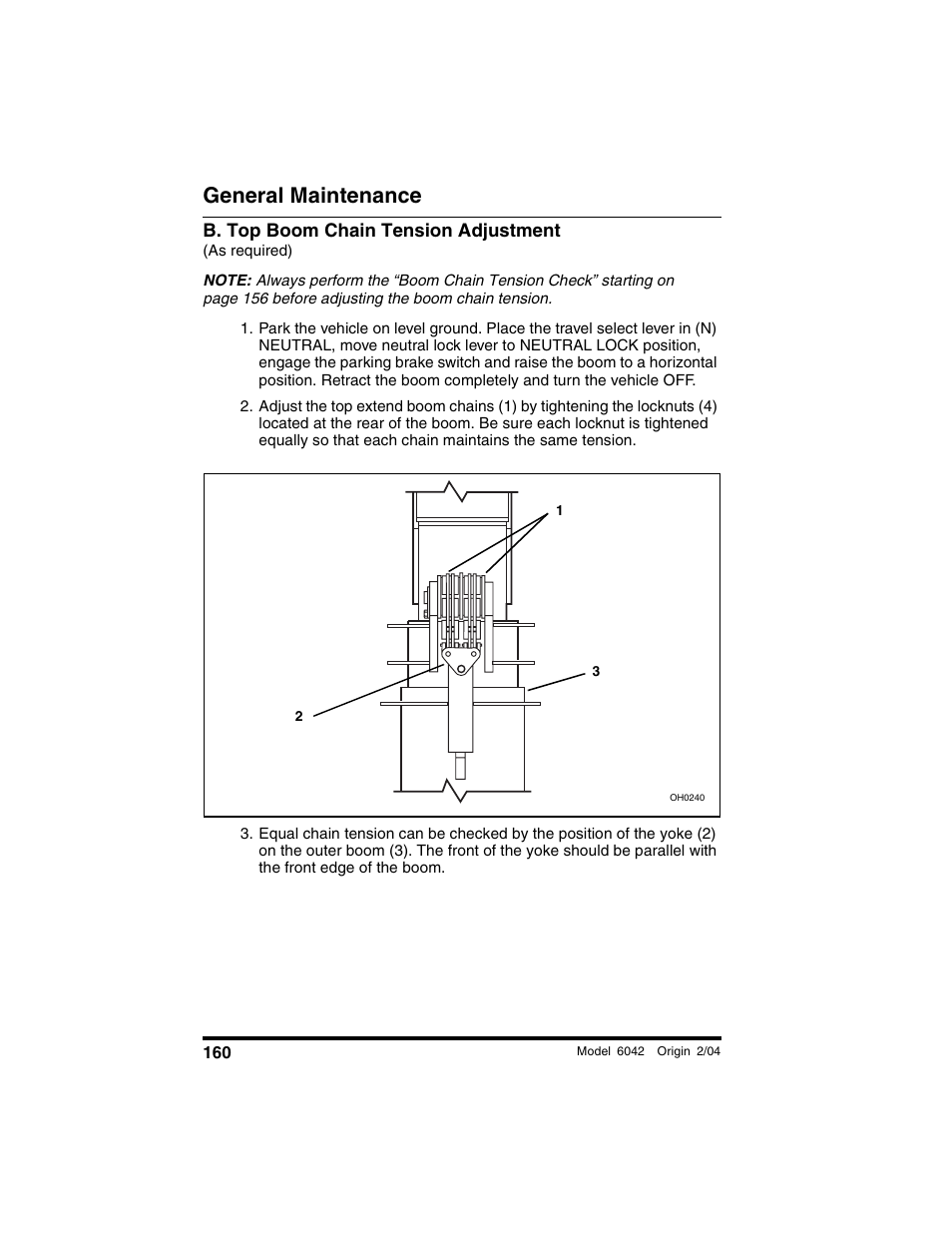 B. top boom chain tension adjustment, As required), General maintenance | SkyTrak 6042 Operation Manual User Manual | Page 162 / 196