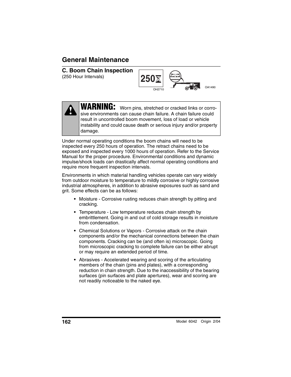 C. boom chain inspection, 250 hour intervals), Warning | General maintenance | SkyTrak 6042 Operation Manual User Manual | Page 164 / 196