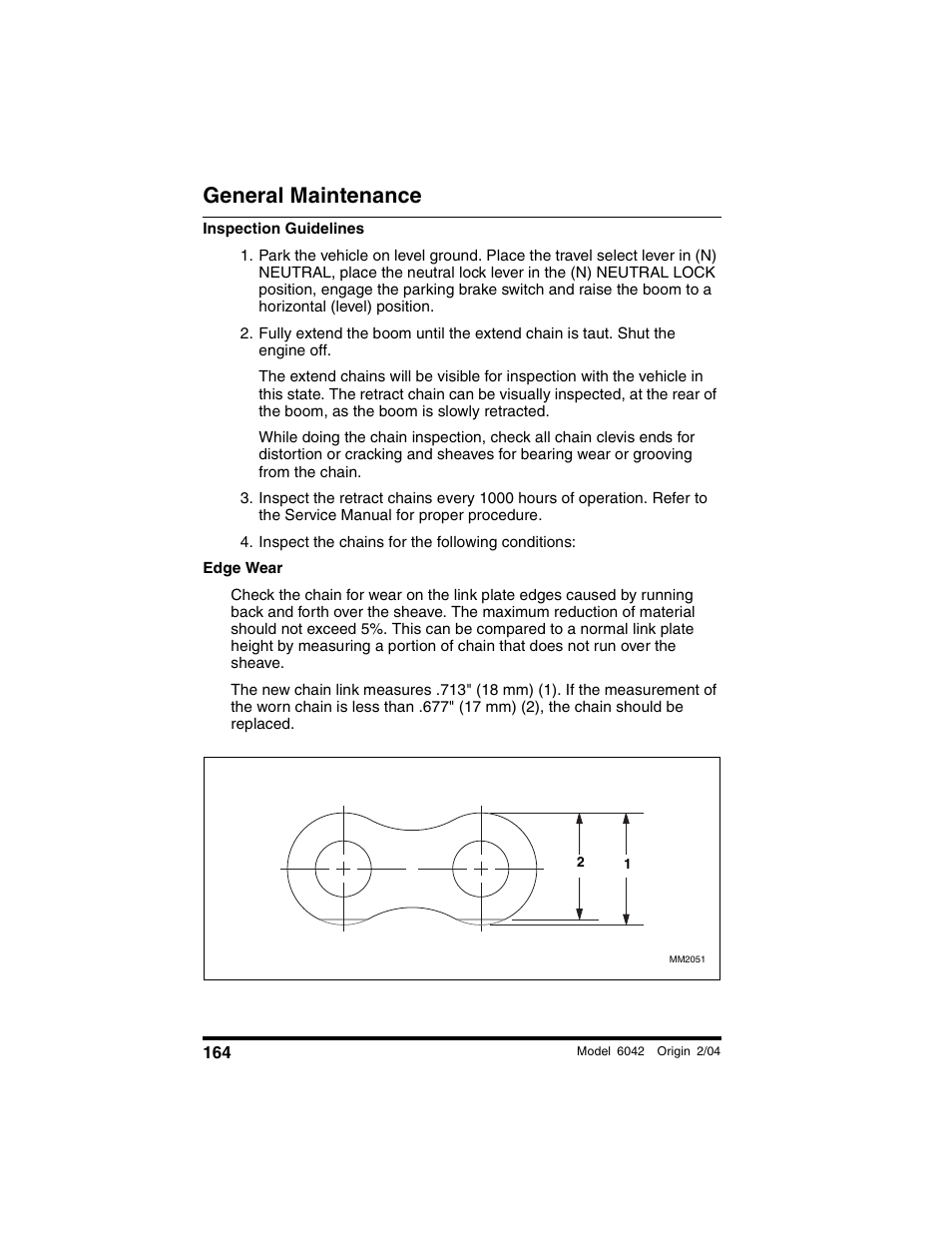 Inspect the chains for the following conditions, General maintenance | SkyTrak 6042 Operation Manual User Manual | Page 166 / 196