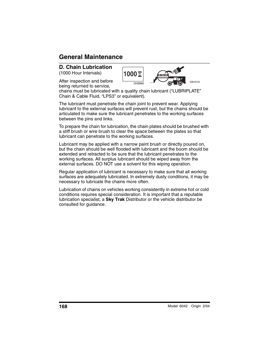 D. chain lubrication, 1000 hour intervals), General maintenance | SkyTrak 6042 Operation Manual User Manual | Page 170 / 196