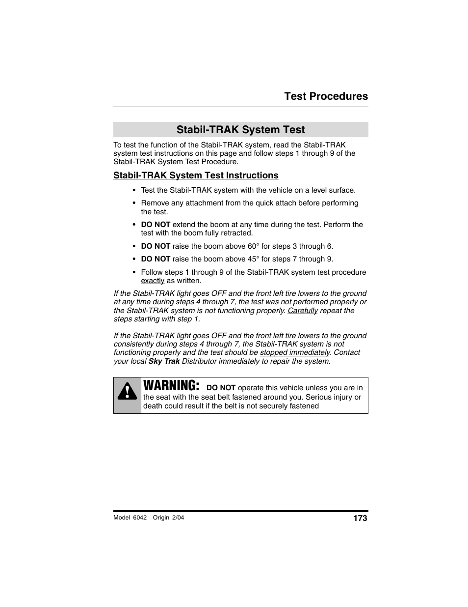 Test procedures, Stabil-trak system test, Stabil-trak system test instructions | Warning | SkyTrak 6042 Operation Manual User Manual | Page 175 / 196