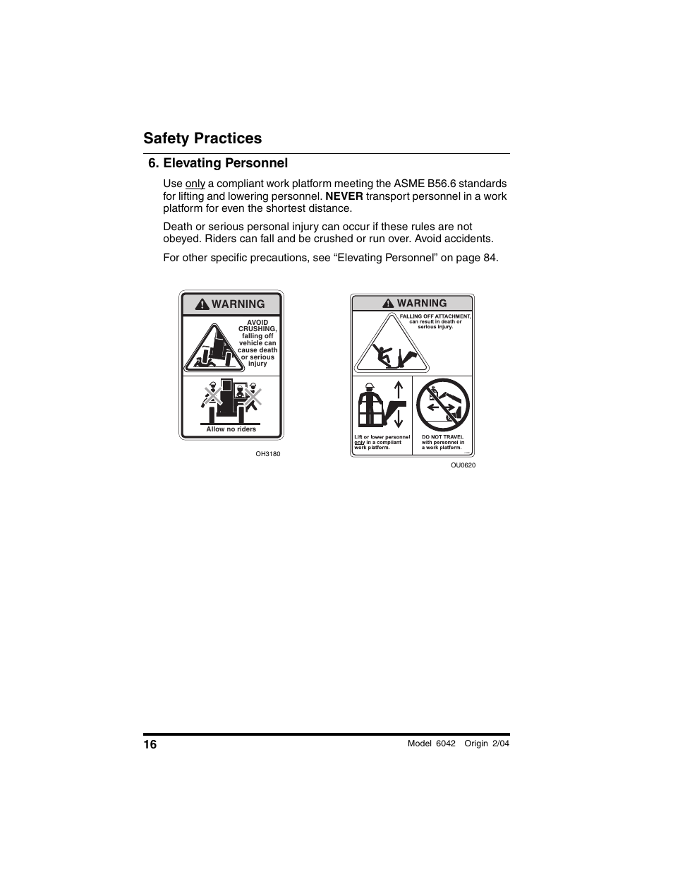 Elevating personnel, Safety practices | SkyTrak 6042 Operation Manual User Manual | Page 18 / 196
