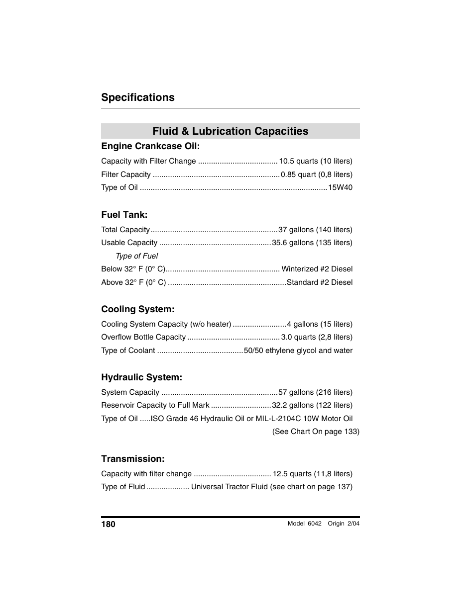 Specifications, Fluid & lubrication capacities, Engine crankcase oil | Fuel tank, Cooling system, Hydraulic system, Transmission | SkyTrak 6042 Operation Manual User Manual | Page 182 / 196