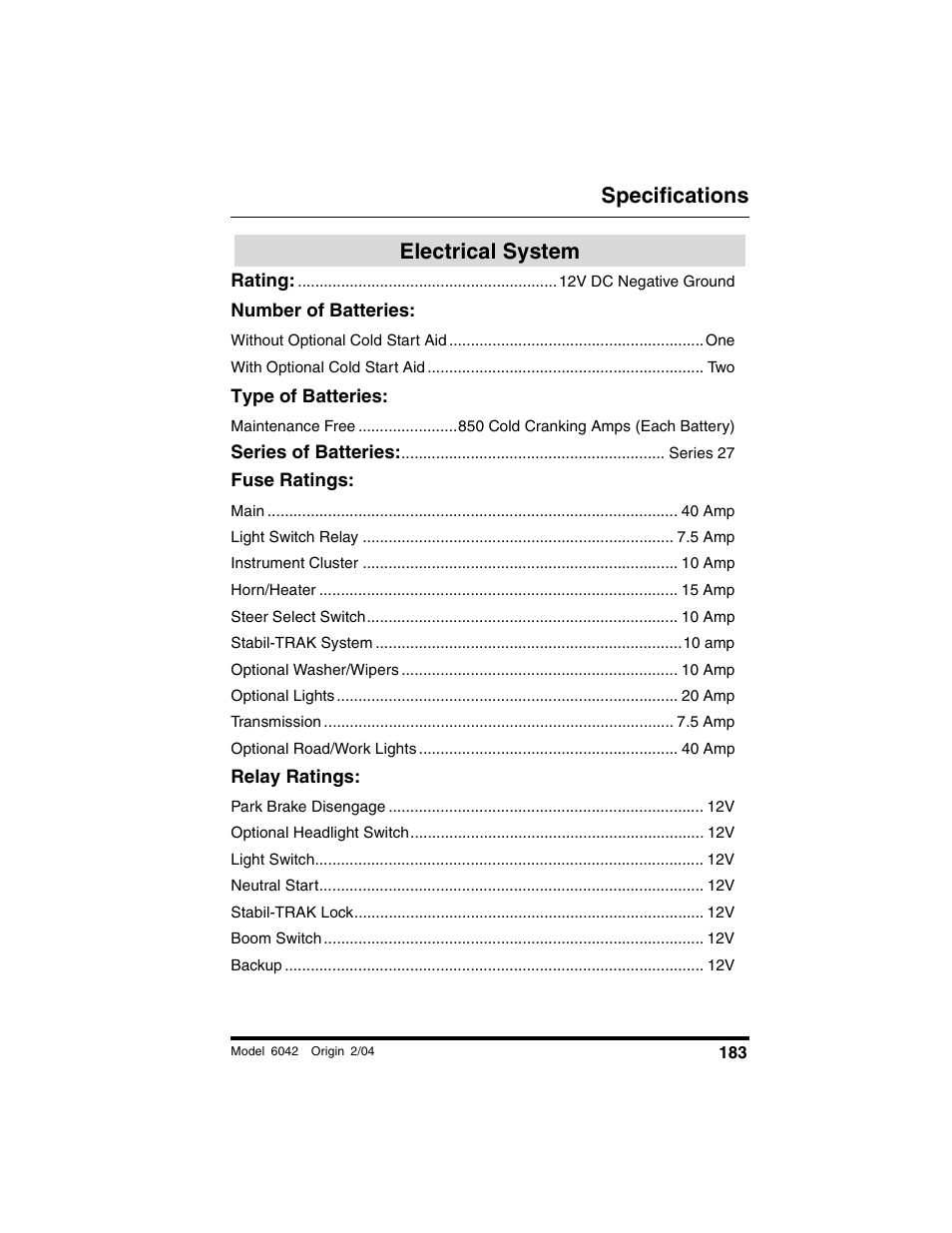 Electrical system, Fuse ratings, Relay ratings | Specifications | SkyTrak 6042 Operation Manual User Manual | Page 185 / 196