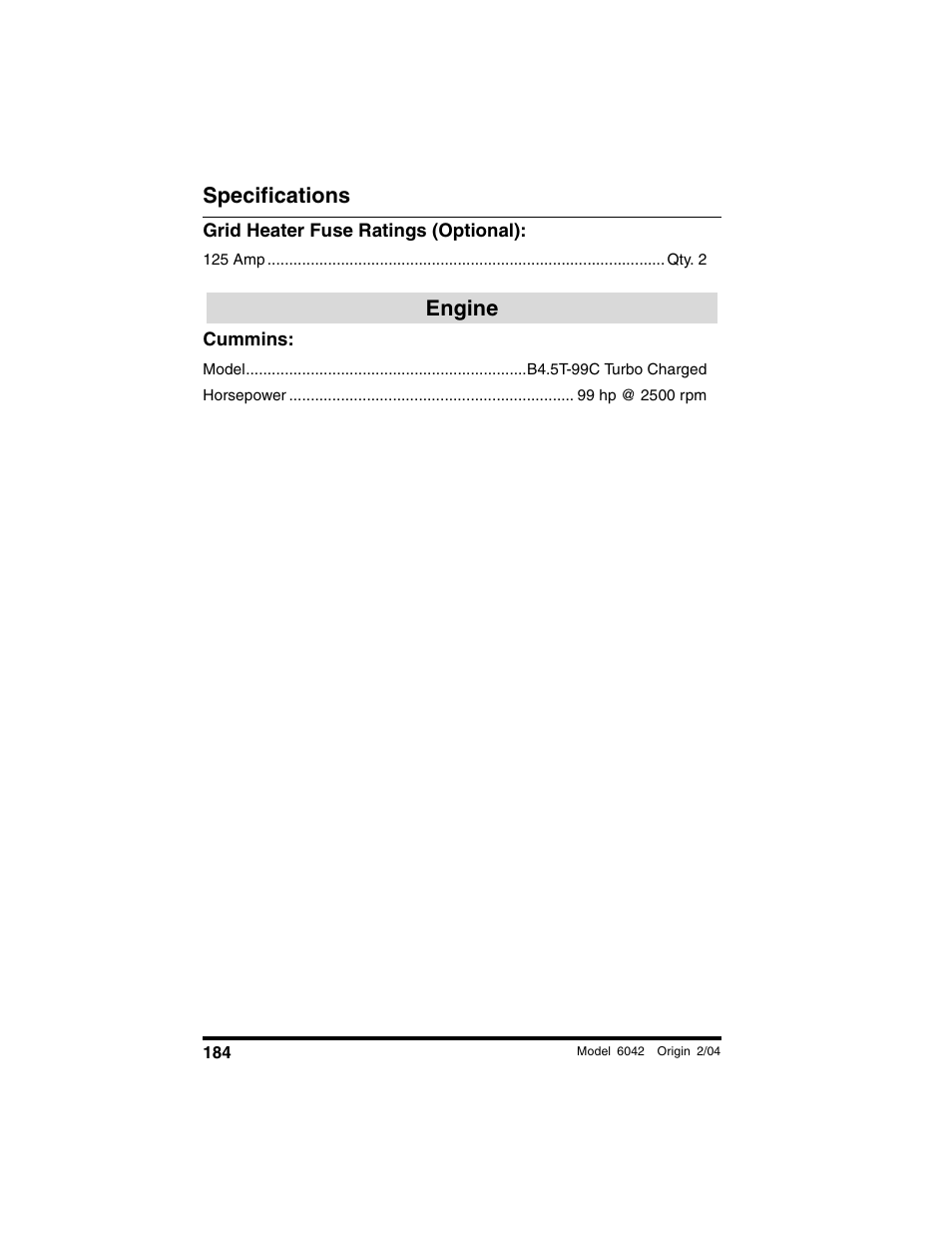 Grid heater fuse ratings (optional), Engine, Cummins | Specifications | SkyTrak 6042 Operation Manual User Manual | Page 186 / 196