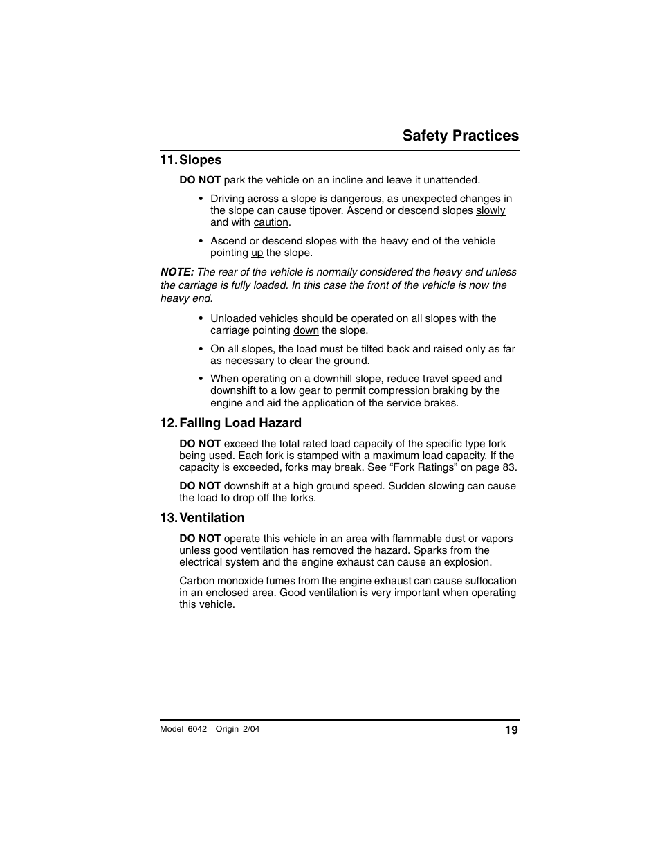 Slopes, Falling load hazard, Ventilation | Safety practices | SkyTrak 6042 Operation Manual User Manual | Page 21 / 196
