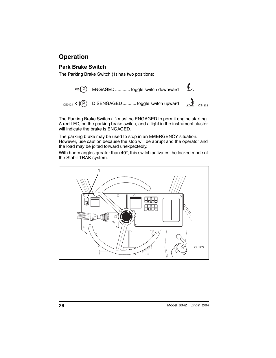 Park brake switch, Operation | SkyTrak 6042 Operation Manual User Manual | Page 28 / 196