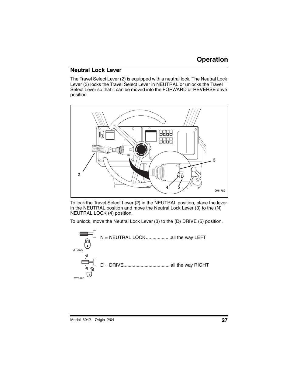 Neutral lock lever, Operation | SkyTrak 6042 Operation Manual User Manual | Page 29 / 196