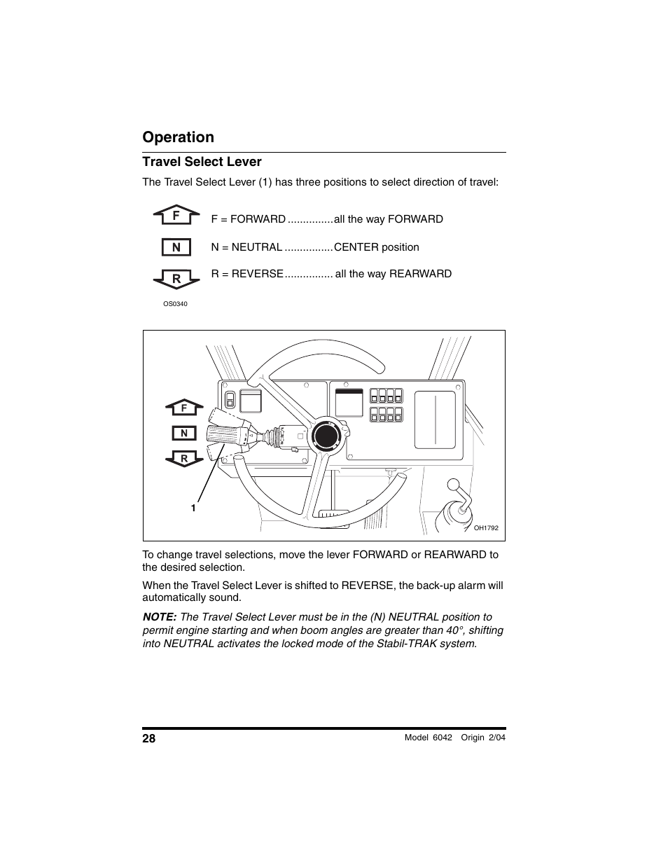 Travel select lever, Operation | SkyTrak 6042 Operation Manual User Manual | Page 30 / 196