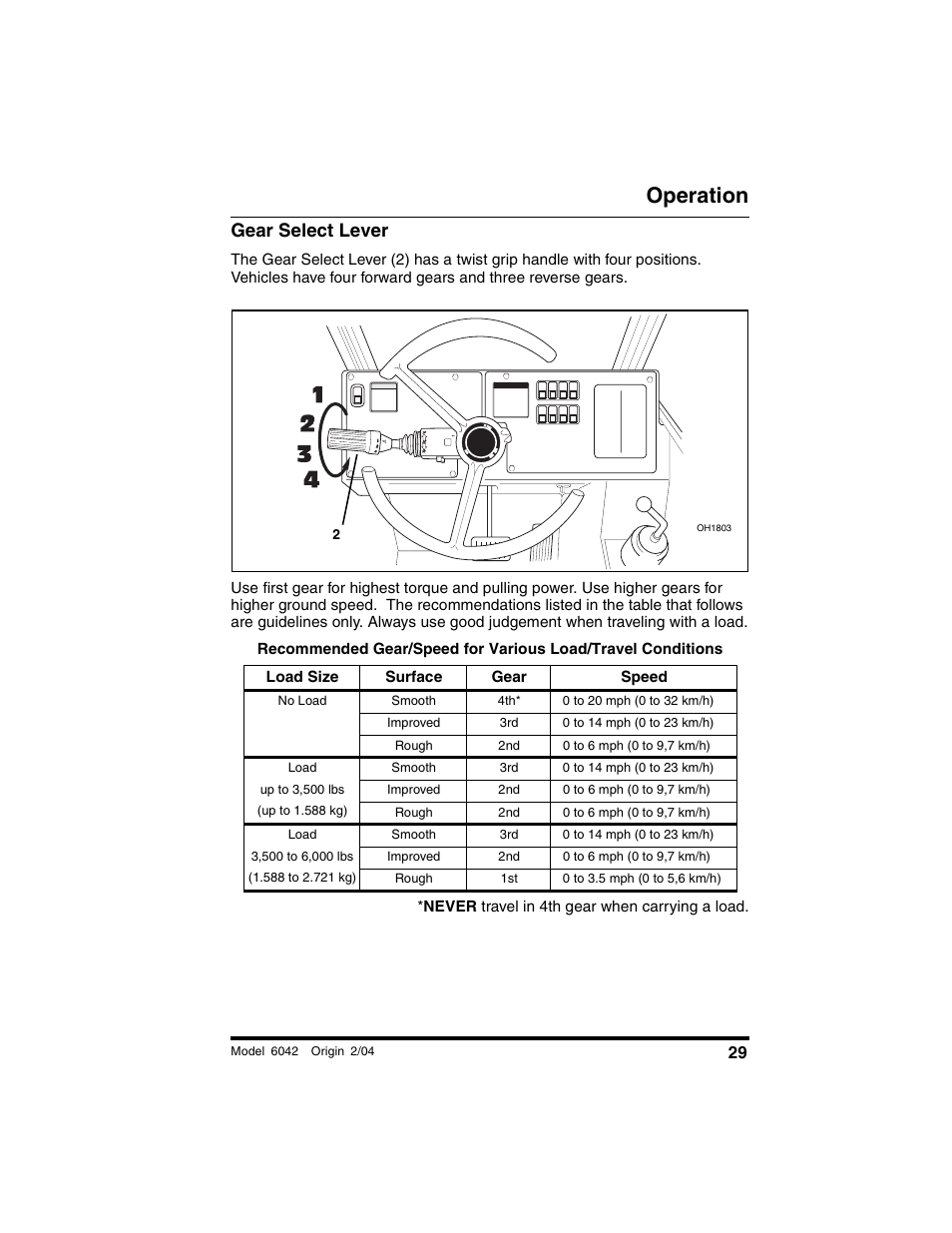 Gear select lever, Load size, Surface | Gear, Speed, No load, Smooth, 0 to 20 mph (0 to 32 km/h), Improved, 0 to 14 mph (0 to 23 km/h) | SkyTrak 6042 Operation Manual User Manual | Page 31 / 196
