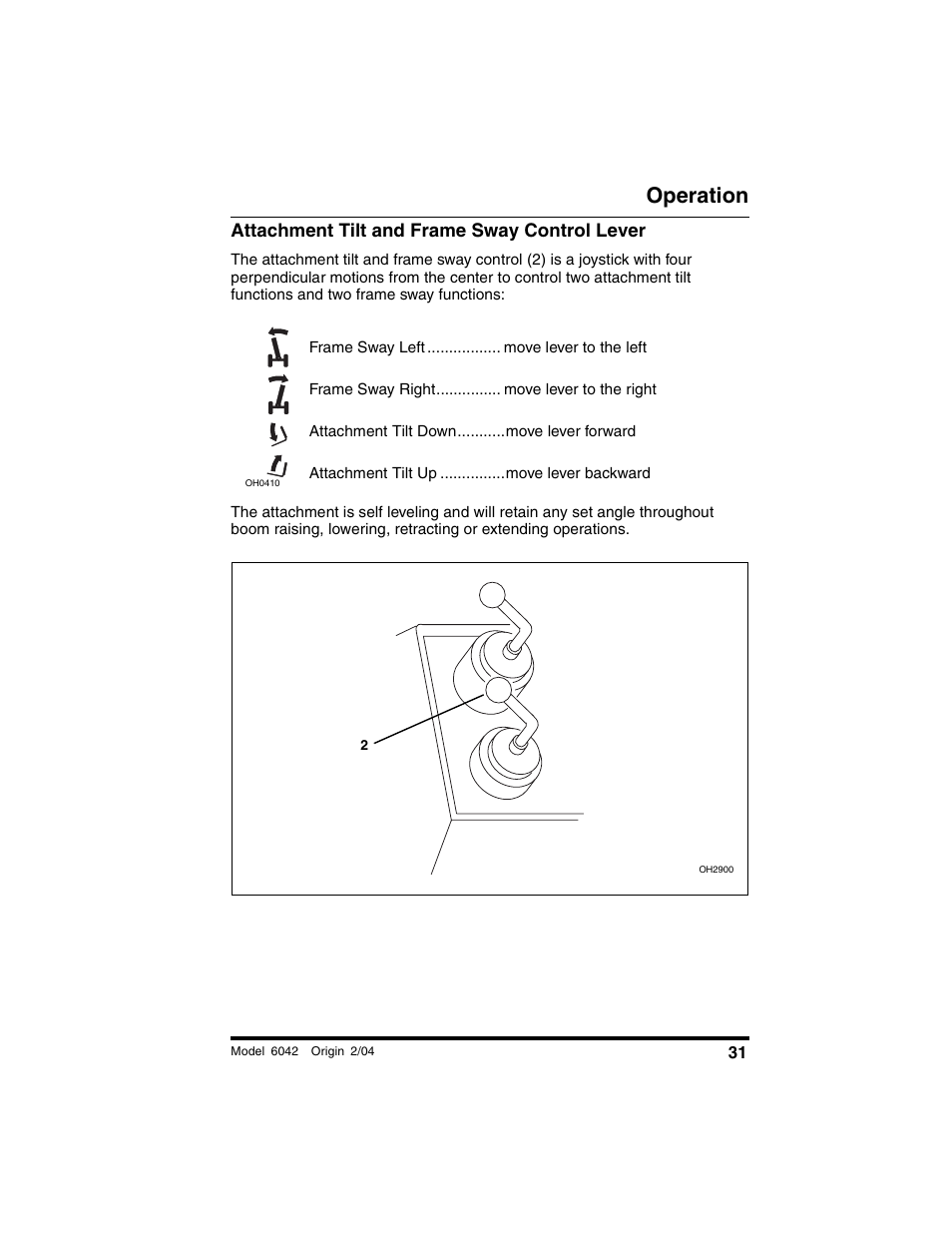 Attachment tilt and frame sway control lever, Operation | SkyTrak 6042 Operation Manual User Manual | Page 33 / 196