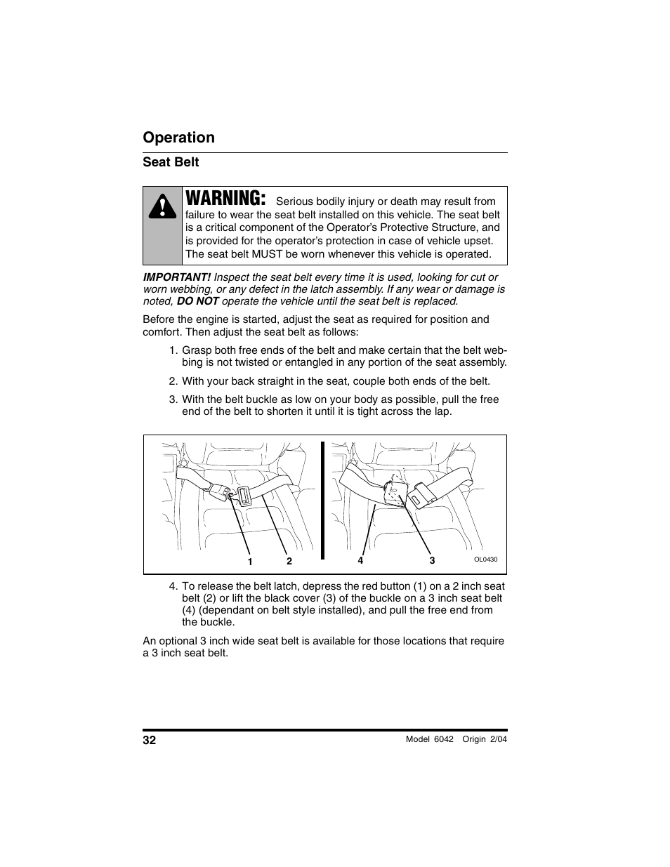 Seat belt, Warning, Operation | SkyTrak 6042 Operation Manual User Manual | Page 34 / 196