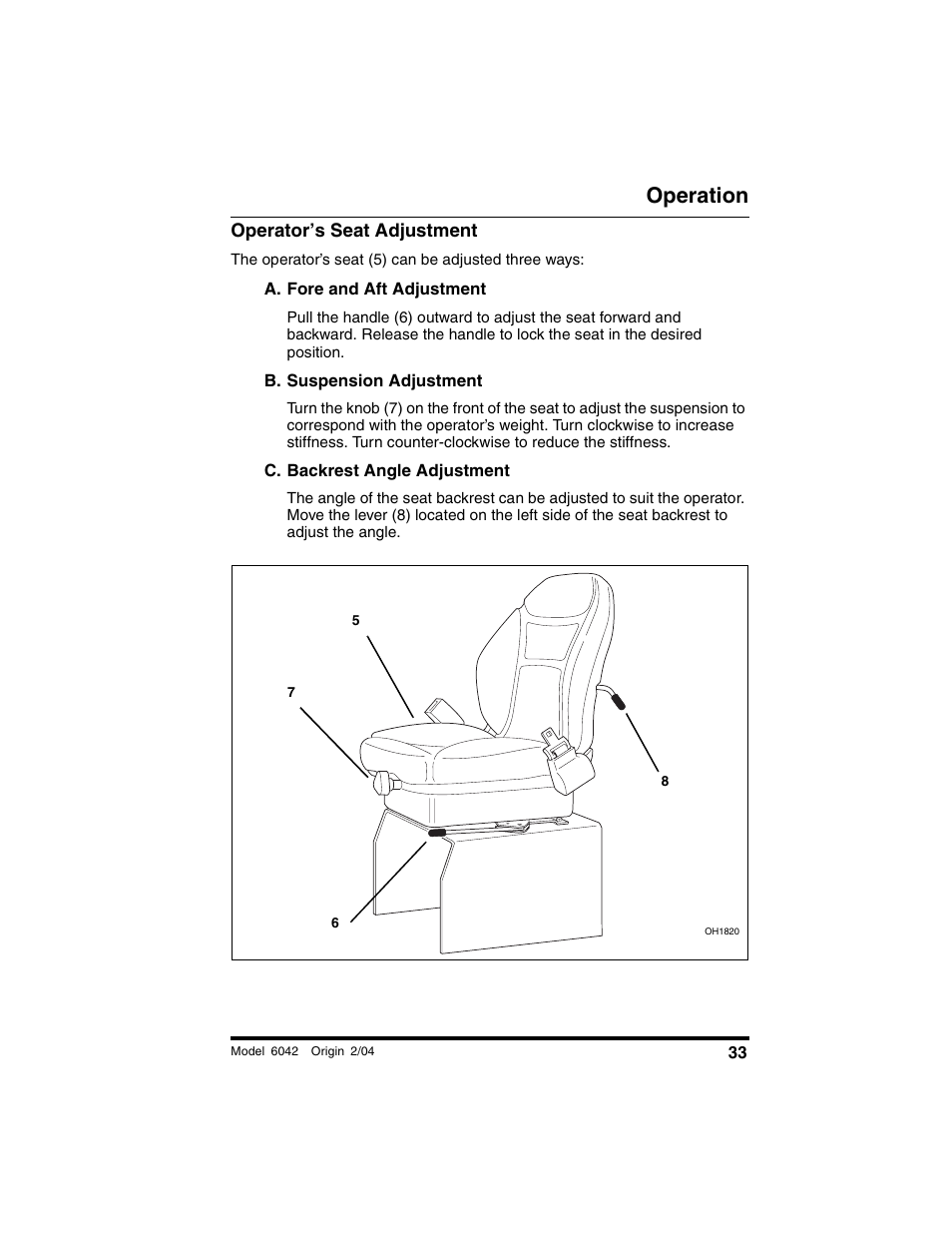 Operator’s seat adjustment, A. fore and aft adjustment, B. suspension adjustment | C. backrest angle adjustment, Operation | SkyTrak 6042 Operation Manual User Manual | Page 35 / 196