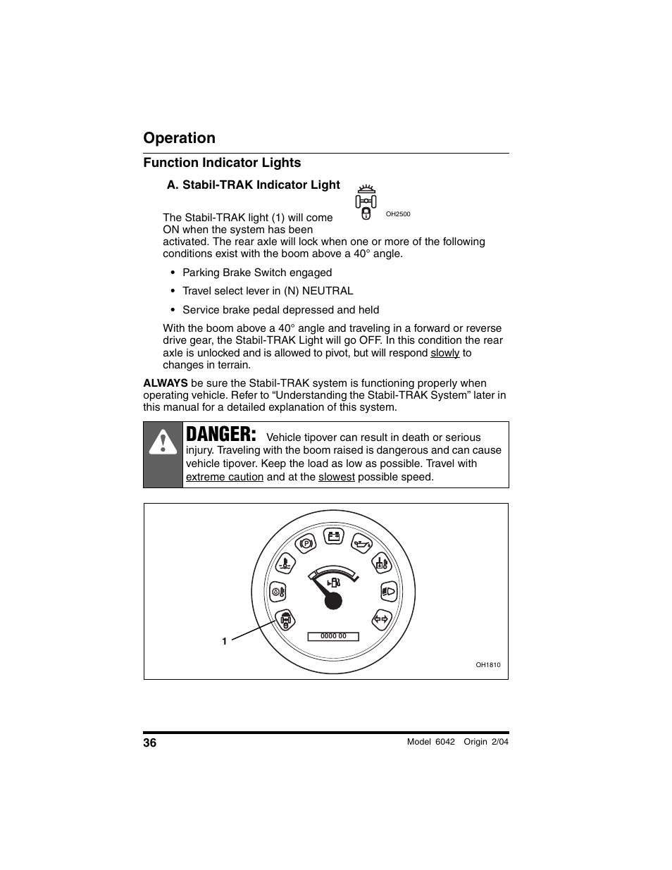 Function indicator lights, A. stabil-trak indicator light, Danger | Operation | SkyTrak 6042 Operation Manual User Manual | Page 38 / 196