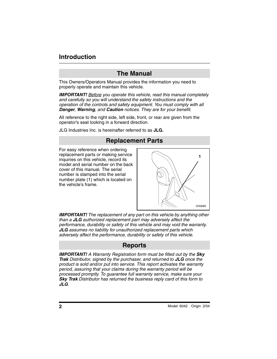 Introduction, The manual, Replacement parts | Reports, The manual replacement parts reports | SkyTrak 6042 Operation Manual User Manual | Page 4 / 196