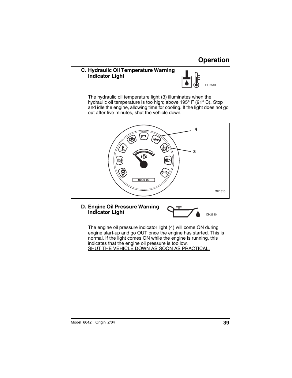D. engine oil pressure warning indicator light, Operation | SkyTrak 6042 Operation Manual User Manual | Page 41 / 196
