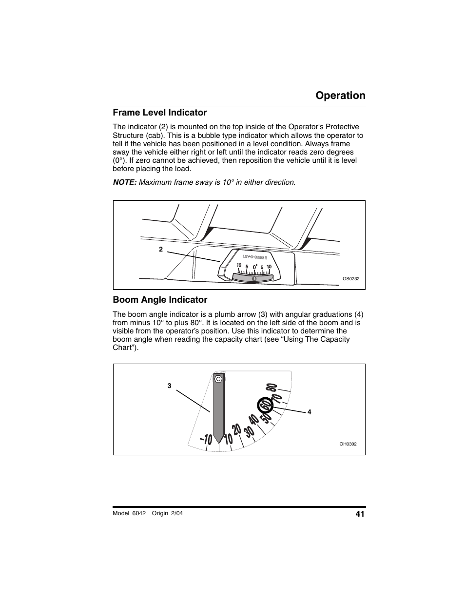 Frame level indicator, Boom angle indicator, Operation | SkyTrak 6042 Operation Manual User Manual | Page 43 / 196