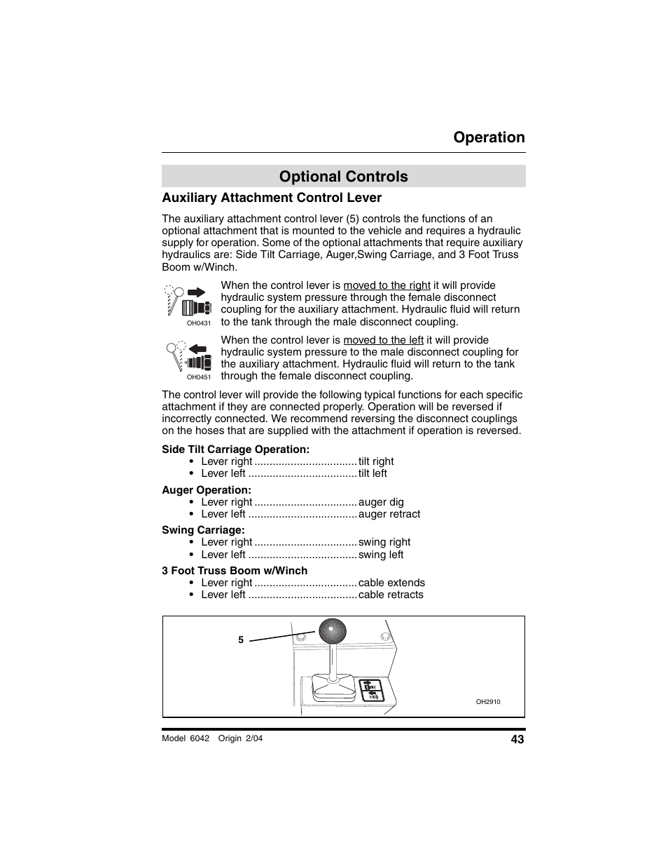 Optional controls, Auxiliary attachment control lever, Operation | SkyTrak 6042 Operation Manual User Manual | Page 45 / 196